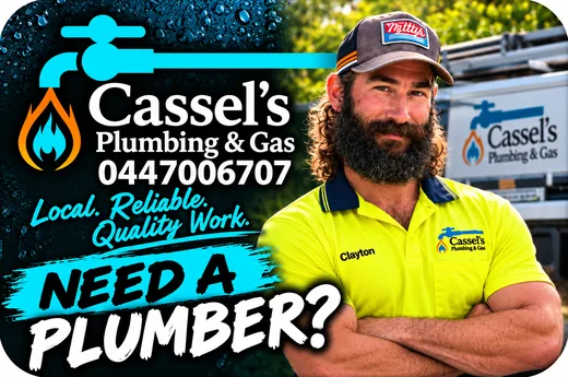 Clayton from Cassel's Plumbing & Gas with arms crossed in front of his work ute: Need a plumber? Local. Reliable. Quality work. 0447 006 707